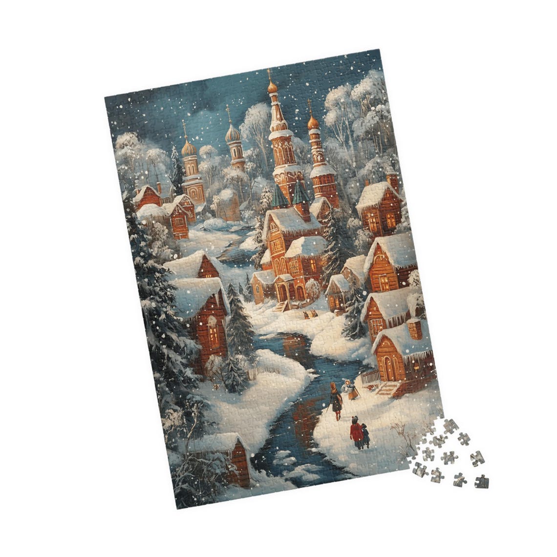 Russian Winter Village With Onion Dome Churches Night Art Poster - Image 4