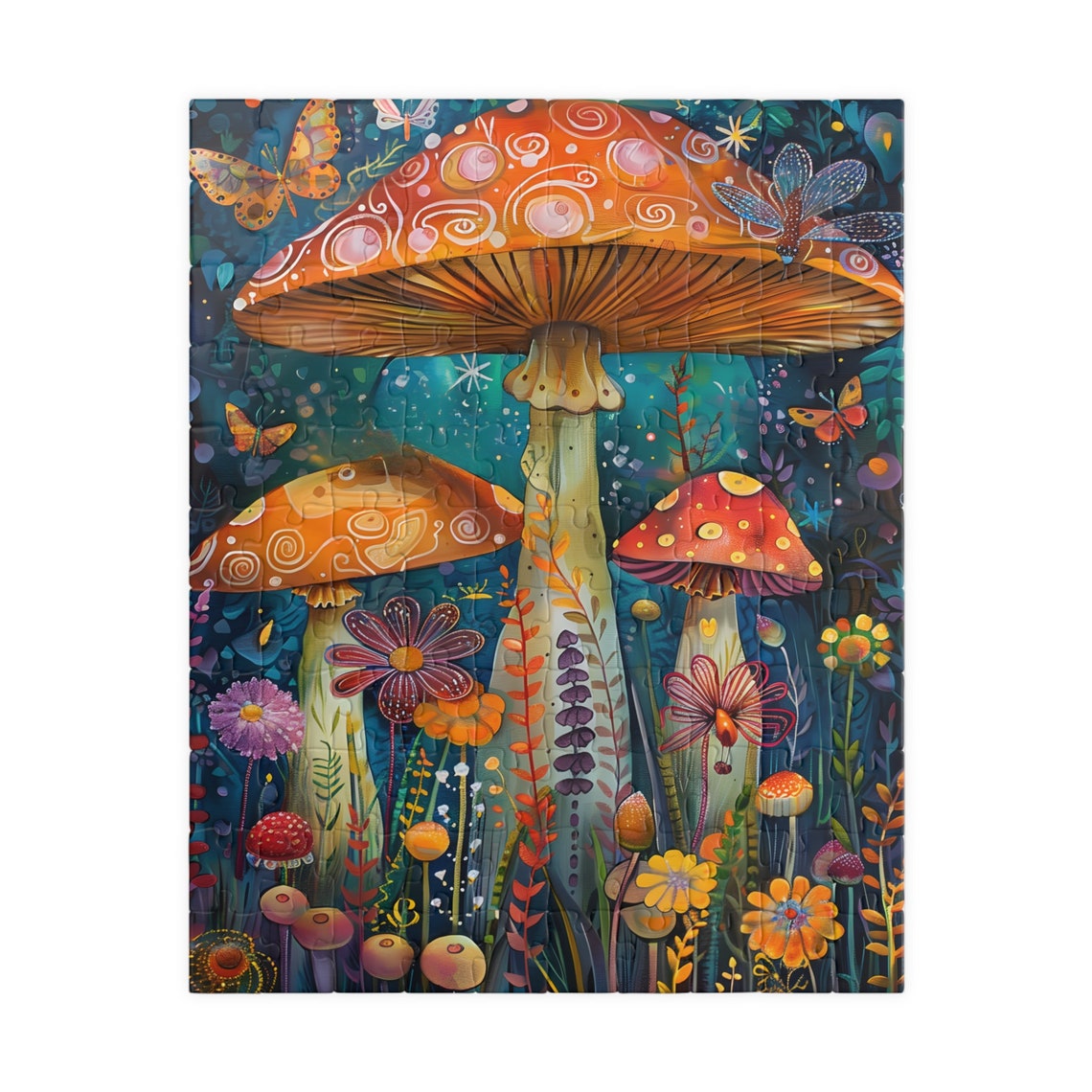 Whimsical Giant Mushrooms Butterflies Flowers Folk Night Poster - Image 2