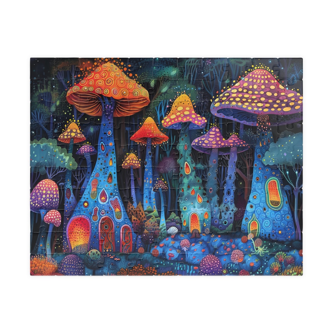 Enchanted Neon Glowing Mushroom Fairy Houses Night Forest Poster - Image 5