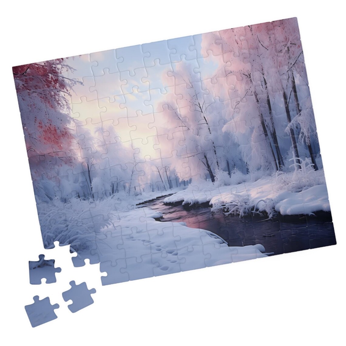 Snowy Forest Stream Early Winter Sunrise Pastel Pink Snow Poster