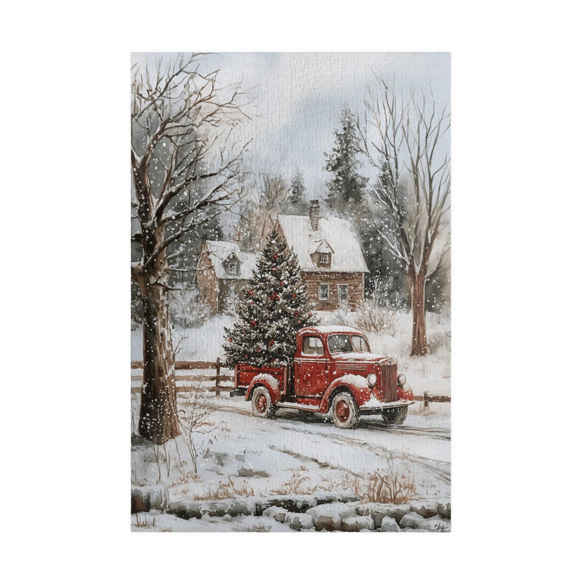 Red Vintage Truck Hauling Christmas Tree Through Snowy Woods Poster - Image 3