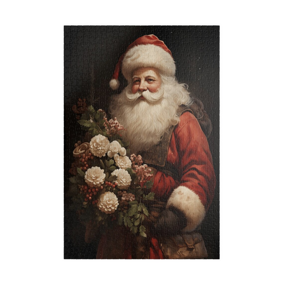 Vintage Santa Claus Portrait with White Flowers and Berries Art Print - Image 3