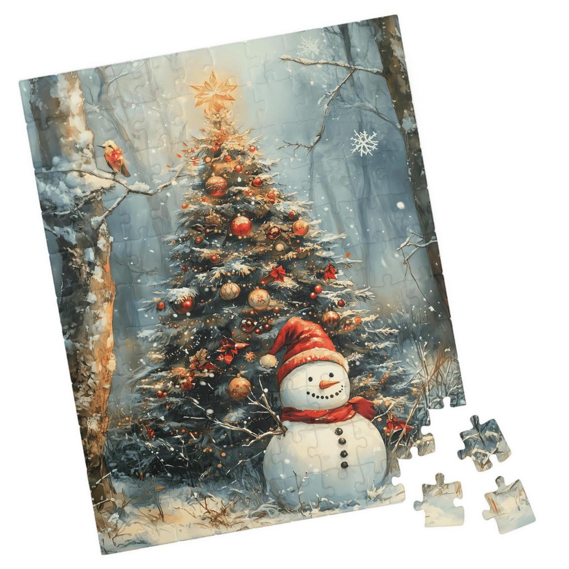 Friendly Snowman Standing By A Grand Christmas Tree Art Poster