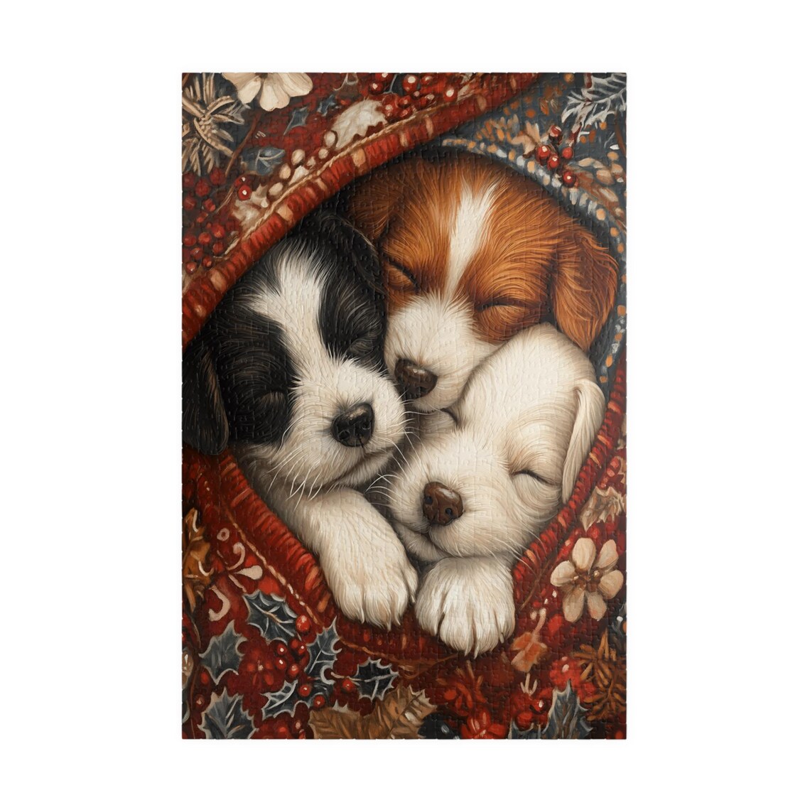 Three Sleeping Puppies Nestled in a Floral Blanket Cute Dog Poster - Image 3
