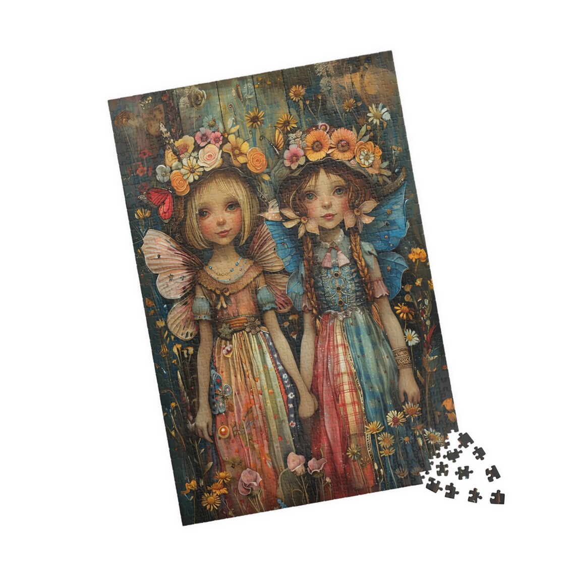 Country Fairy Sisters Holding Hands Flower Crowns Folk Art Poster - Image 4