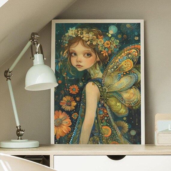 Night Fairy With Golden Peacock Wings And Flower Crown Dark Art Poster