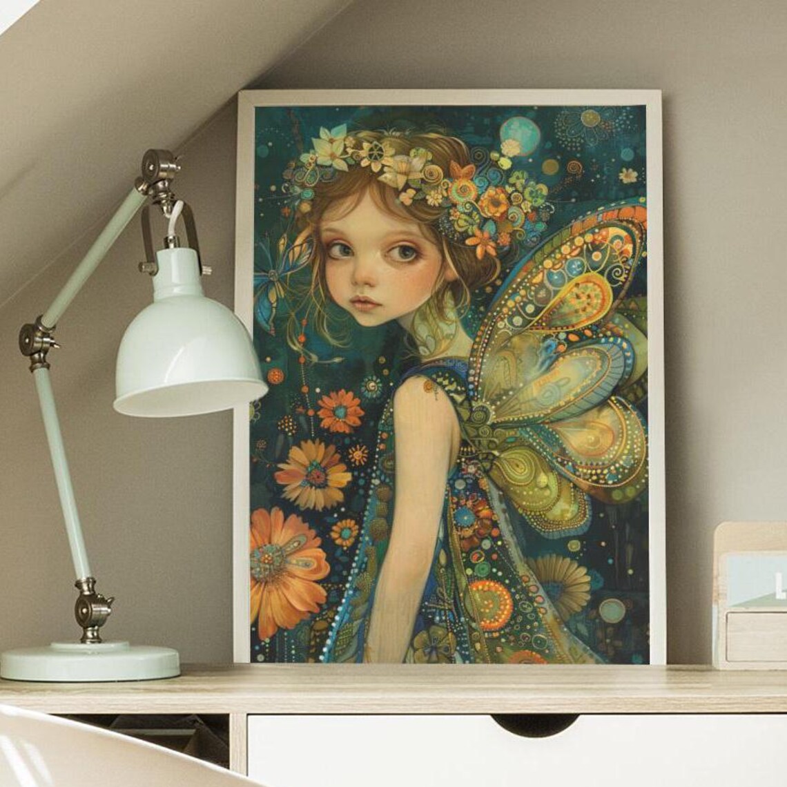 Night Fairy With Golden Peacock Wings And Flower Crown Dark Art Poster