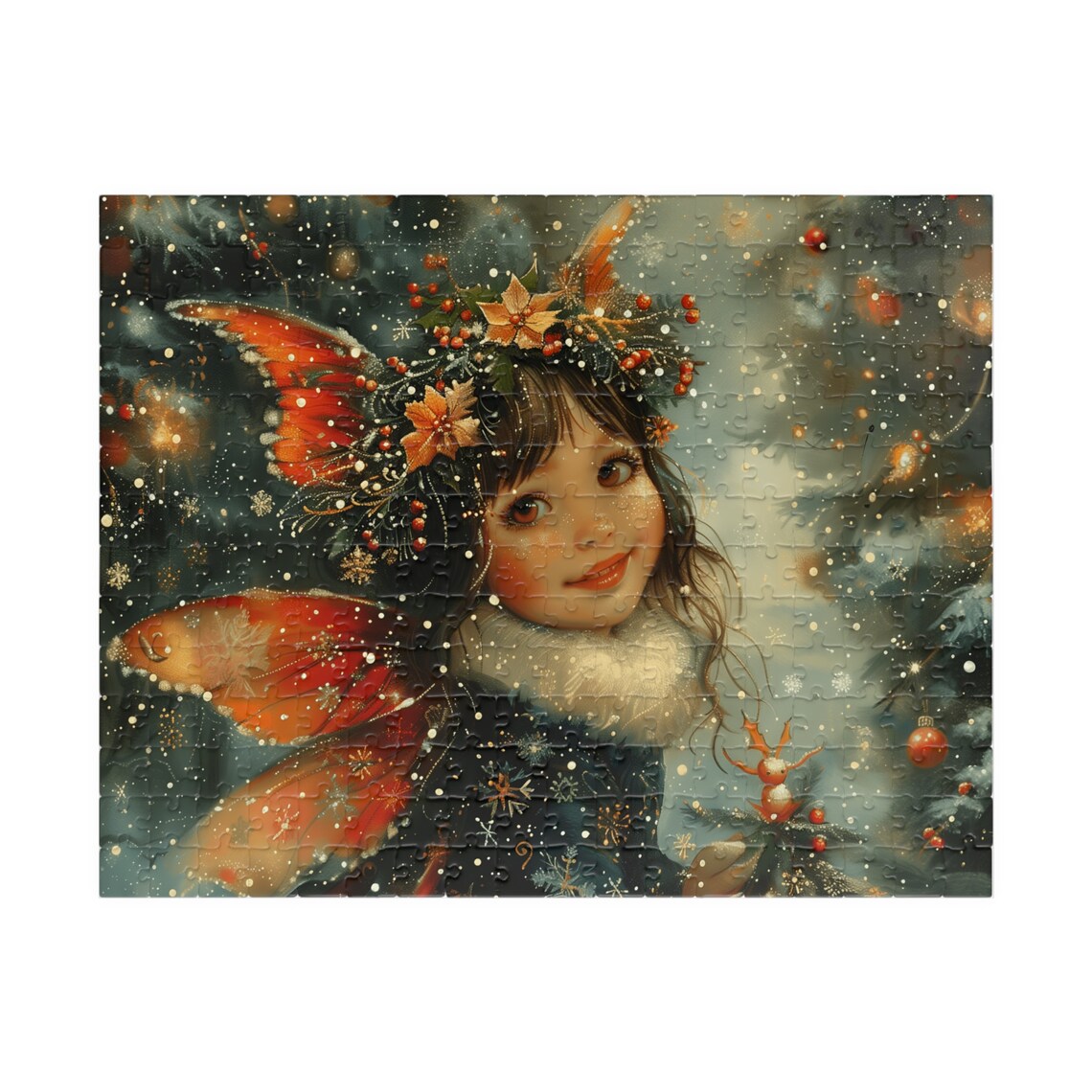 Little Christmas Fairy Girl with Red Wings in Snowy Night Poster - Image 3
