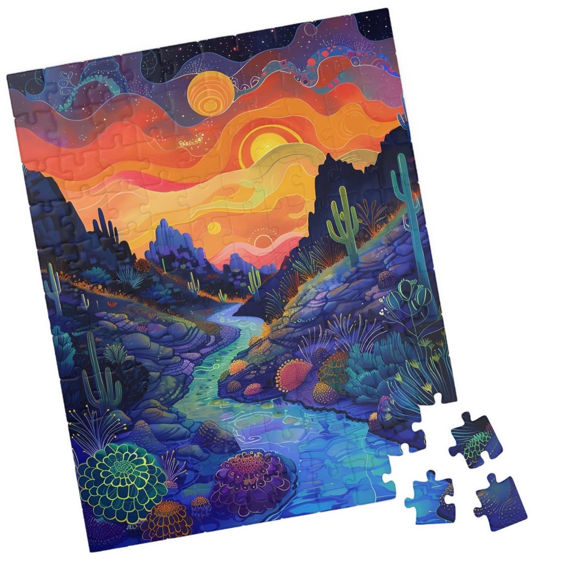 Psychedelic Desert Valley Sunset with Saguaro Cacti River Poster
