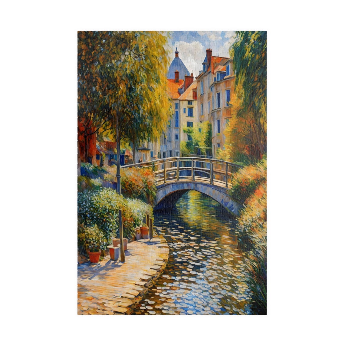 European Canal Town Stone Bridge Impressionist Landscape Poster - Image 3