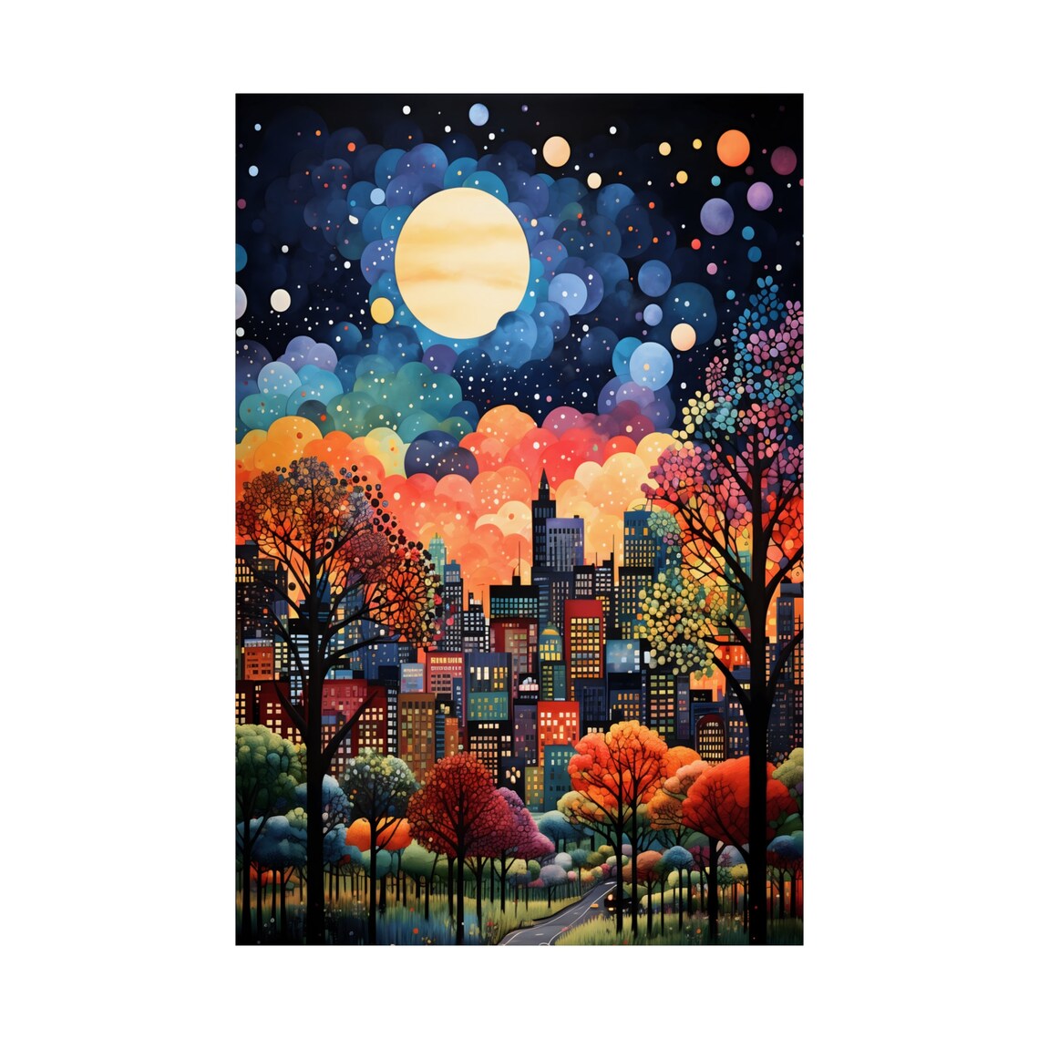 New York Night Skyline with Moon over Colorful Autumn Trees Poster - Image 3