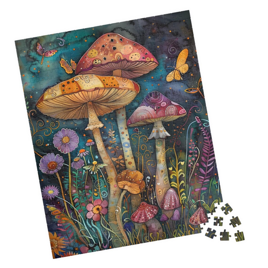 Whimsical Watercolor Mushroom Garden with Butterflies Night Poster