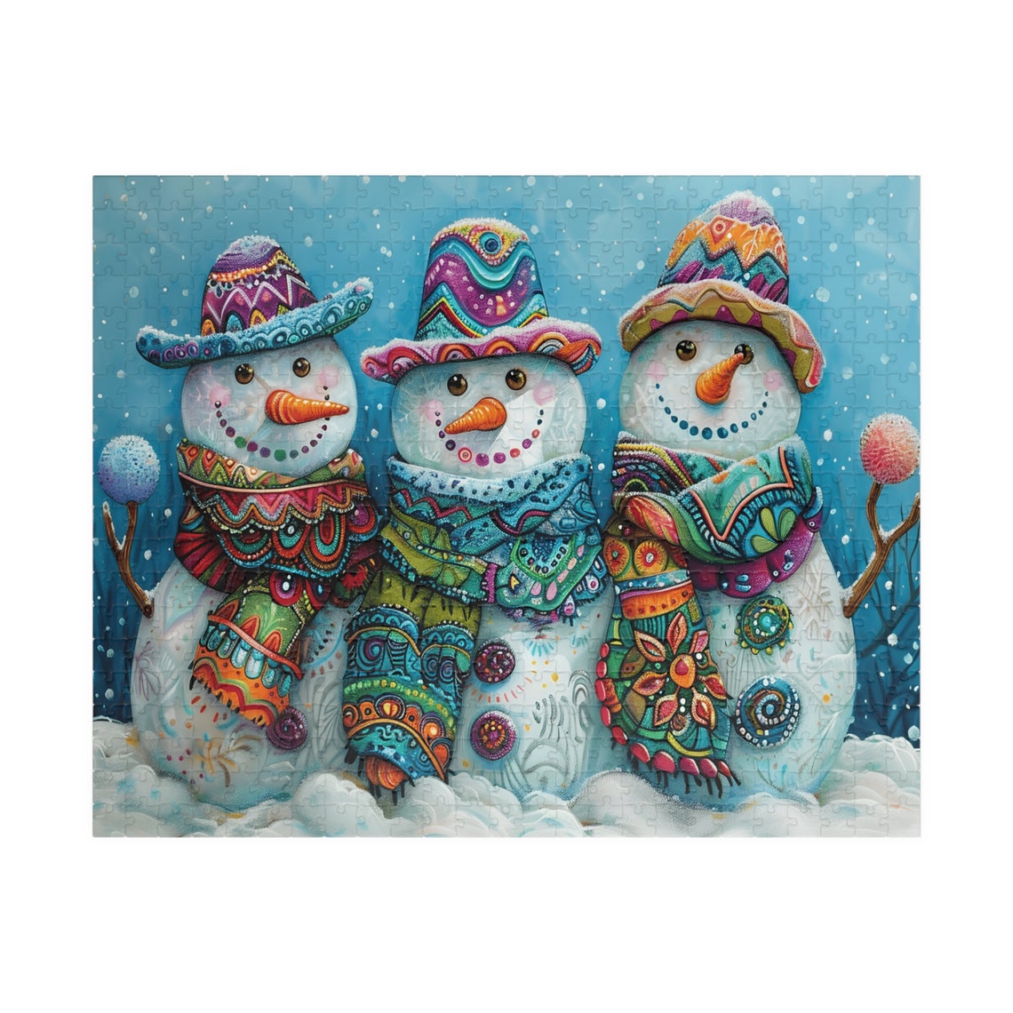 Three Colorful Snowmen Wearing Patterned Party Hats in the Snow Poster - Image 3