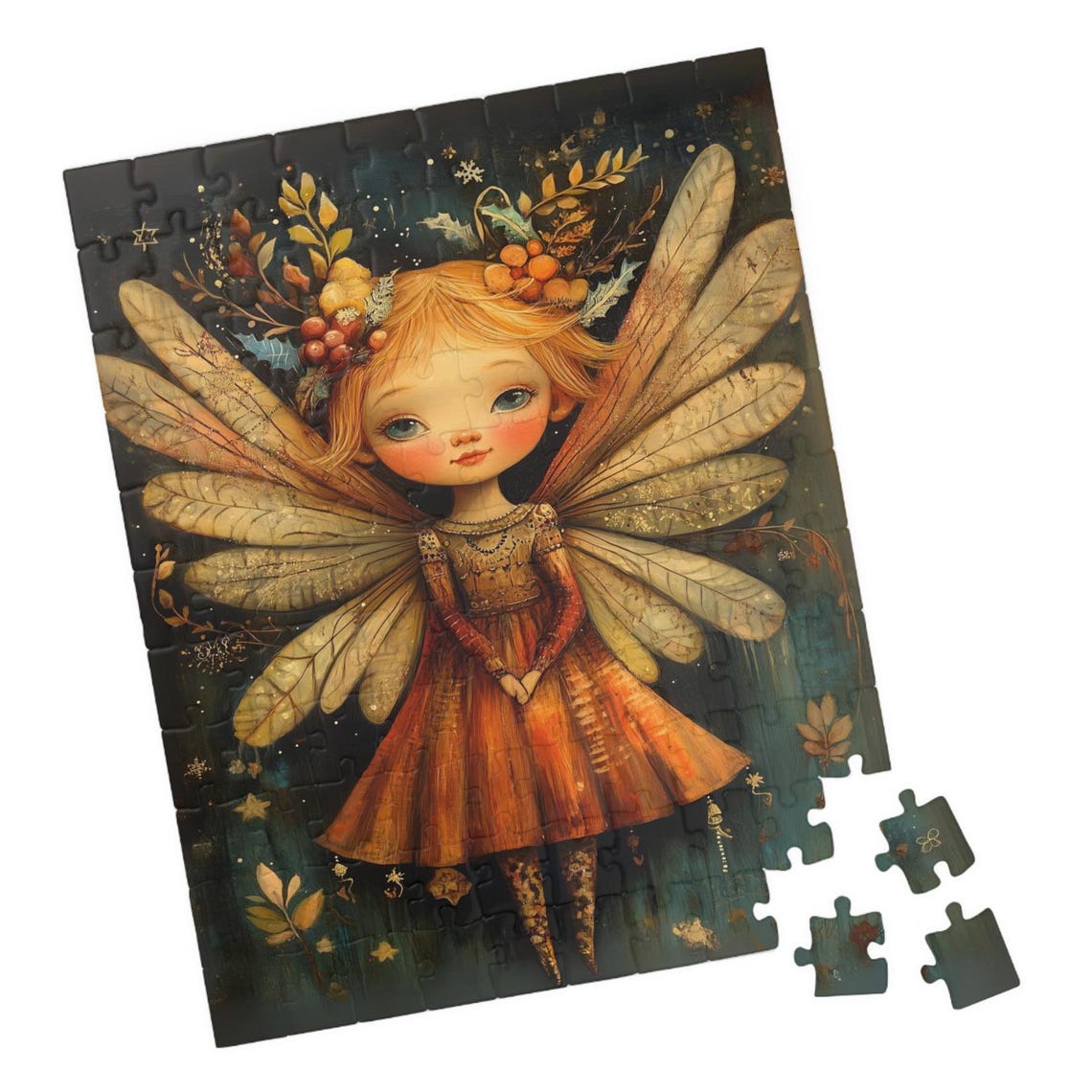 Elegant Fairy Berry Crown Pale Wings Dark Snowy Night Poster