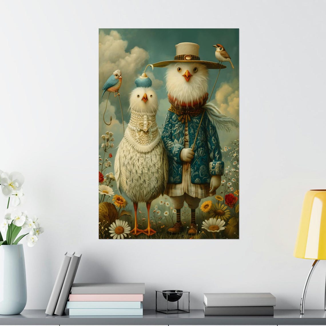 Two Dressed Birds In Fancy Hats Among Wildflowers Art Poster