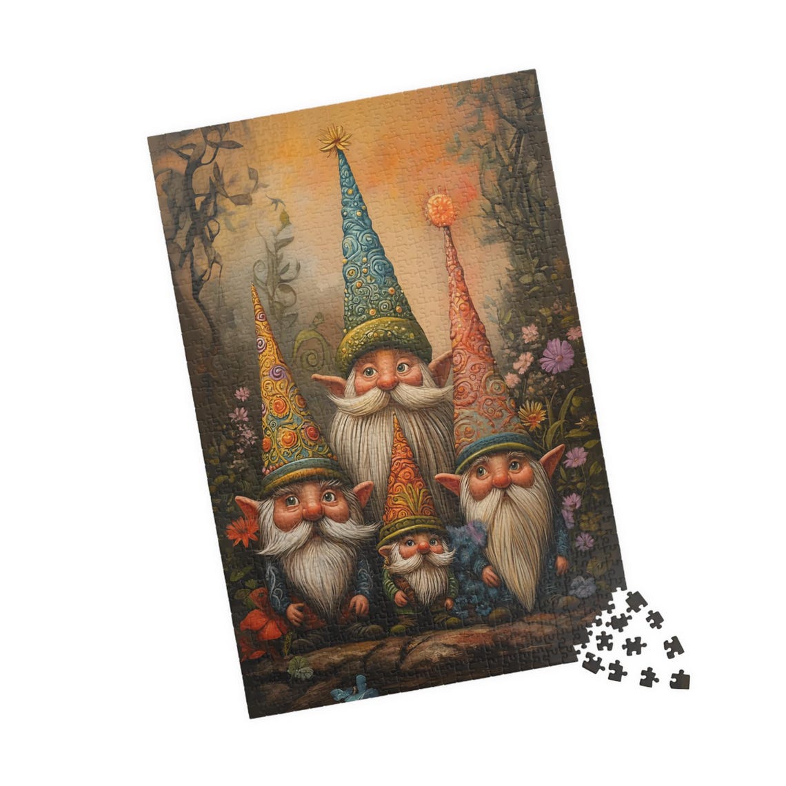 Four Gnomes Tall Patterned Hats Forest Flowers Whimsical Poster - Image 4