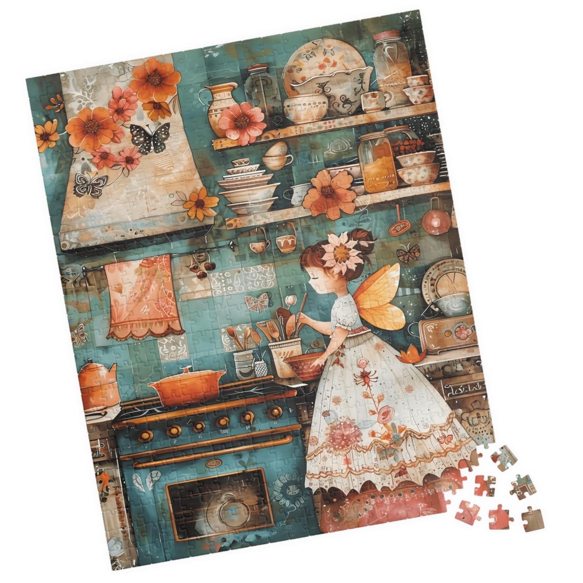 Fairy Girl in a Turquoise Vintage Kitchen with Orange Flowers Print