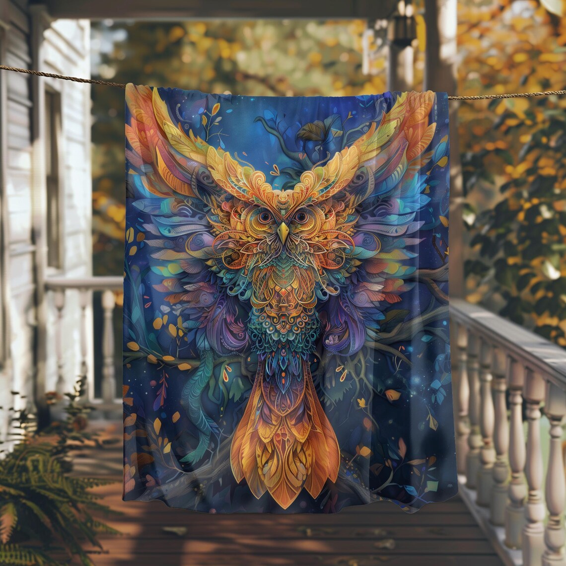 Psychedelic Owl in Flight with Colorful Ornate Feathers Art Poster