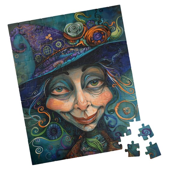 Teal Witch With Floral Purple Hat Fantasy Jigsaw Puzzle Print
