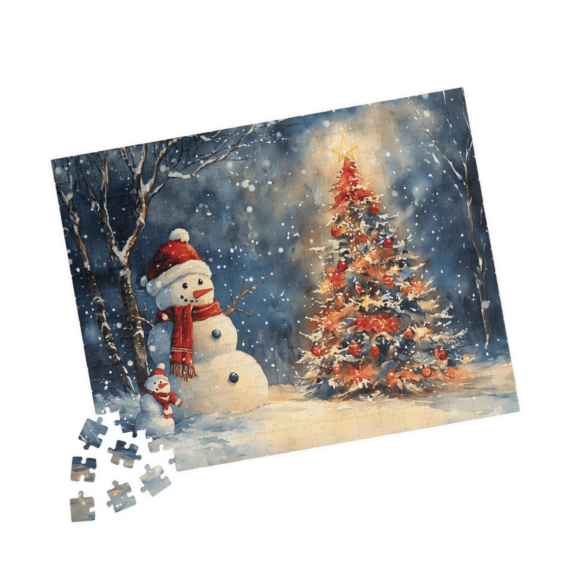 Two Snowmen Beside A Decorated Christmas Tree At Night Art Print