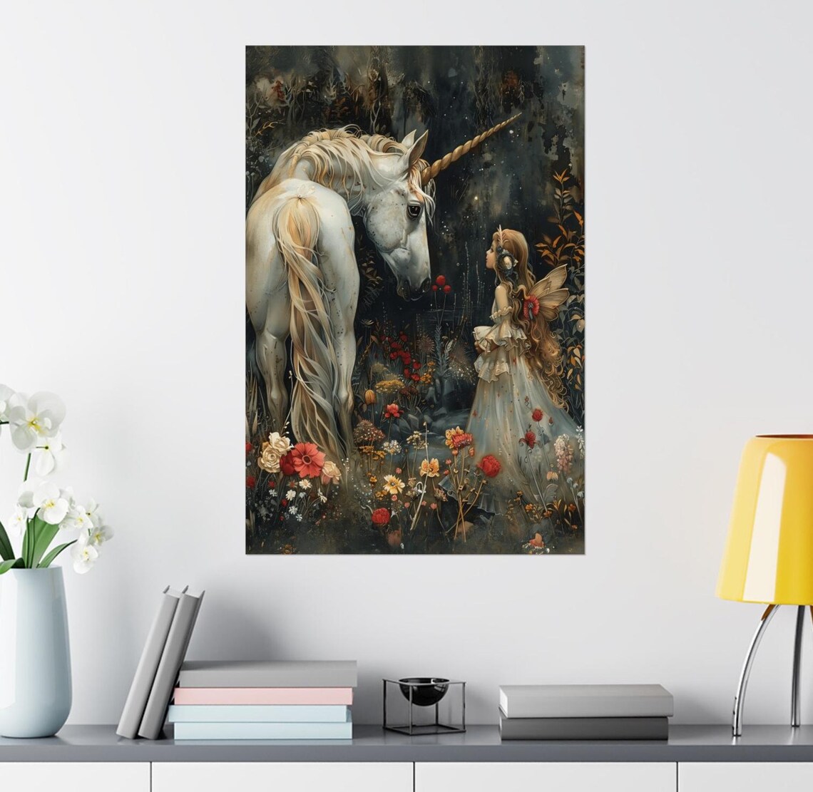 White Unicorn and Fairy Girl Enchanted Dark Forest Fantasy Poster