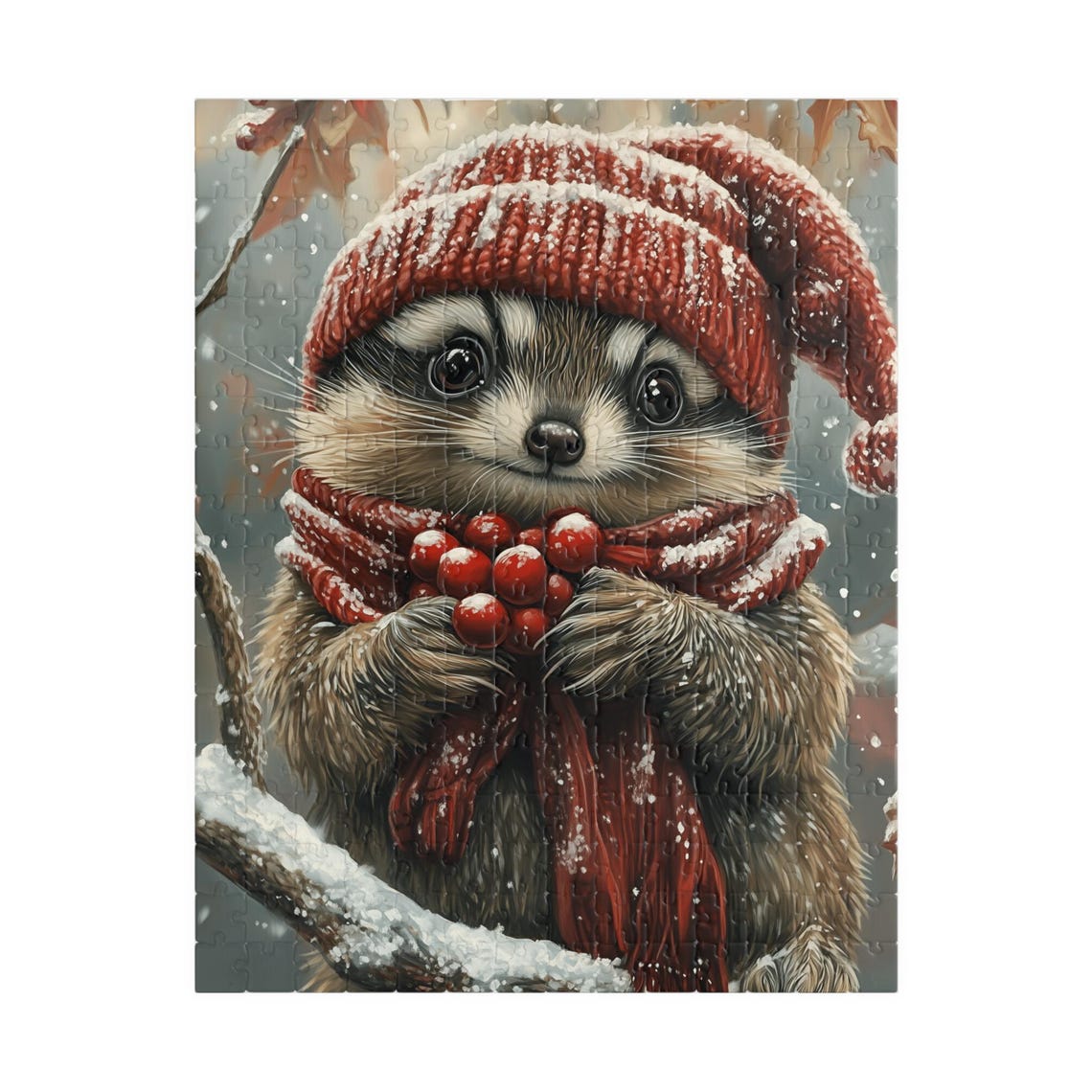 Baby Raccoon in a Red Knit Hat Holding Berries in the Snow Print - Image 5