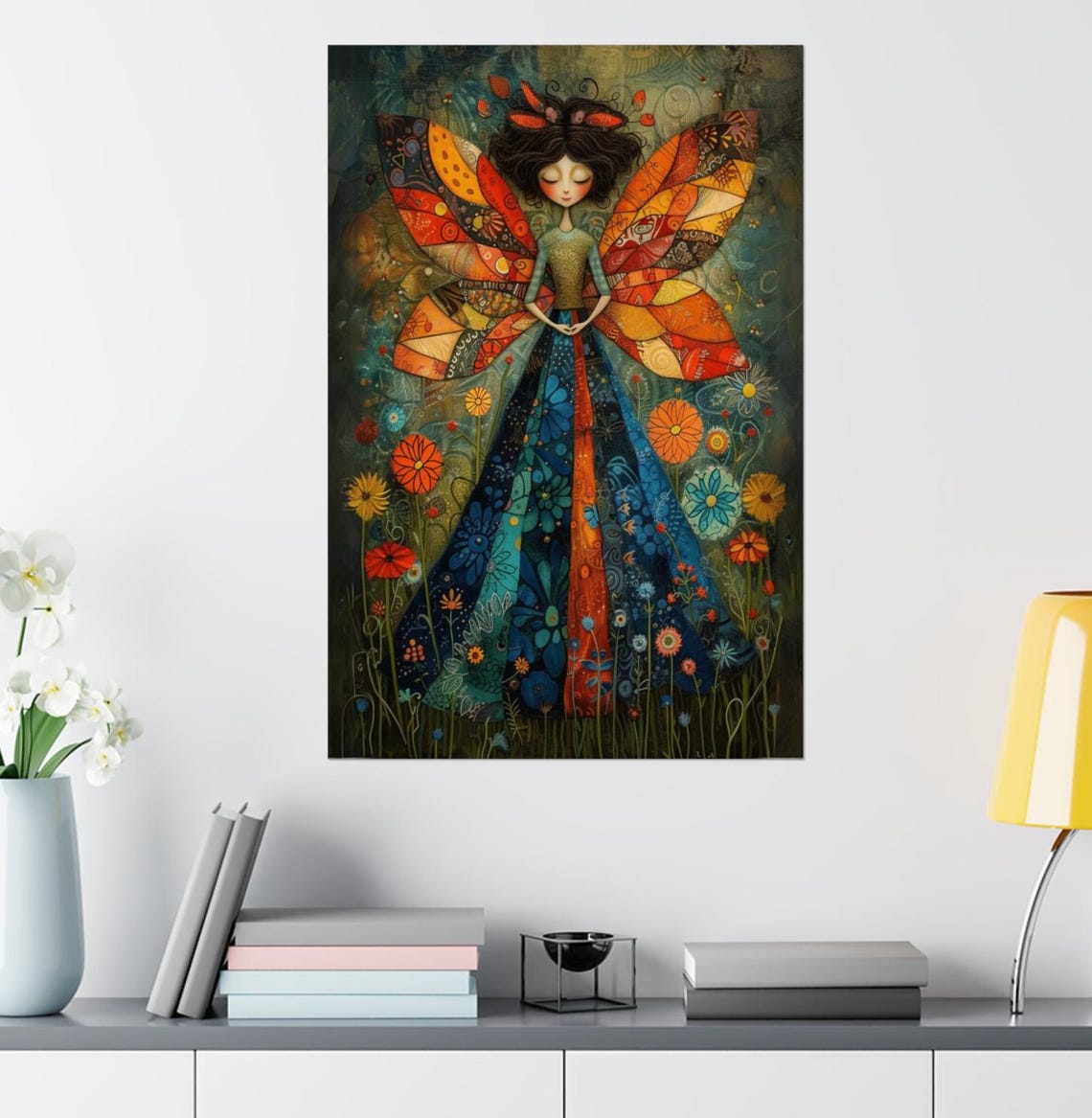 Patchwork Faerie with Orange Butterfly Wings Night Garden Art Poster