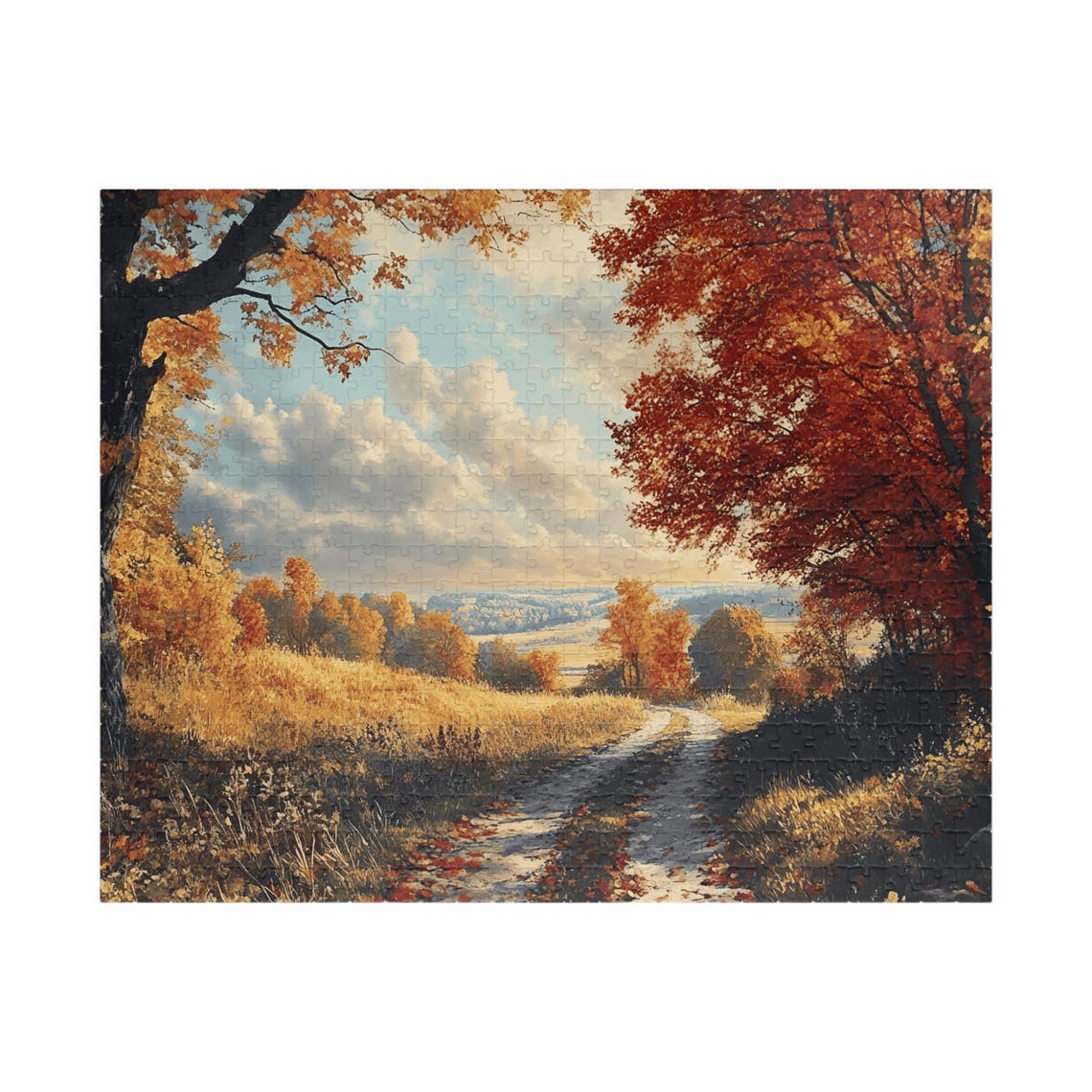 Autumn Country Road Through Golden and Red Trees Landscape Poster - Image 2