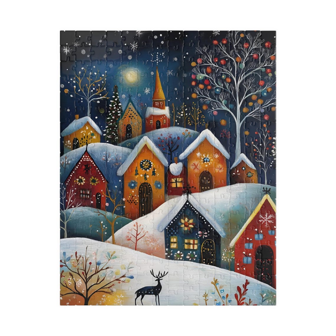 Moonlit Snowy Village Church Deer Folk Art Winter Night Poster - Image 5