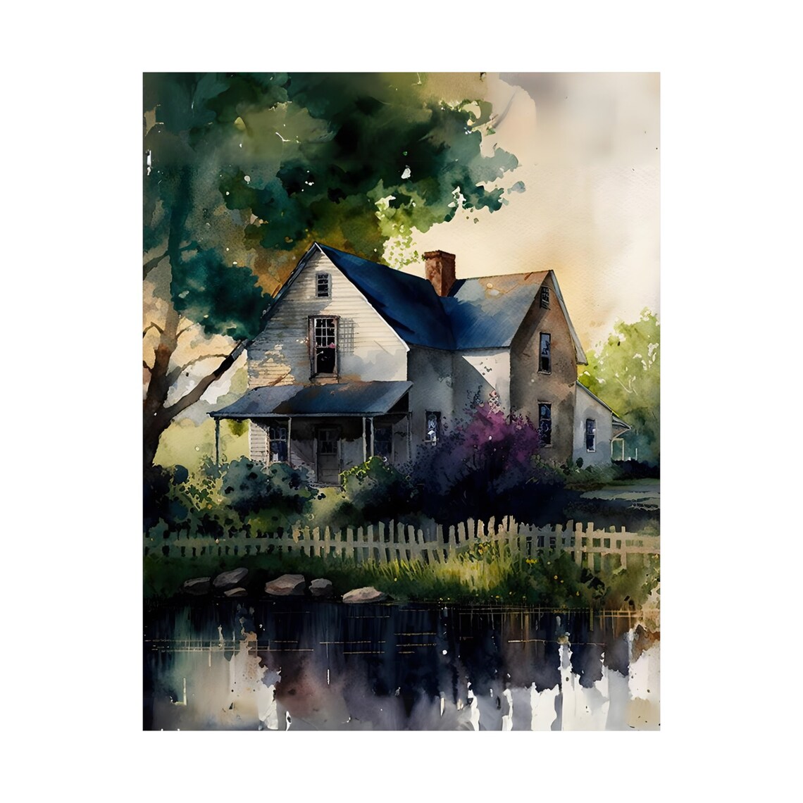 Watercolor Farmhouse Beside a Peaceful Reflecting Pond Poster - Image 5