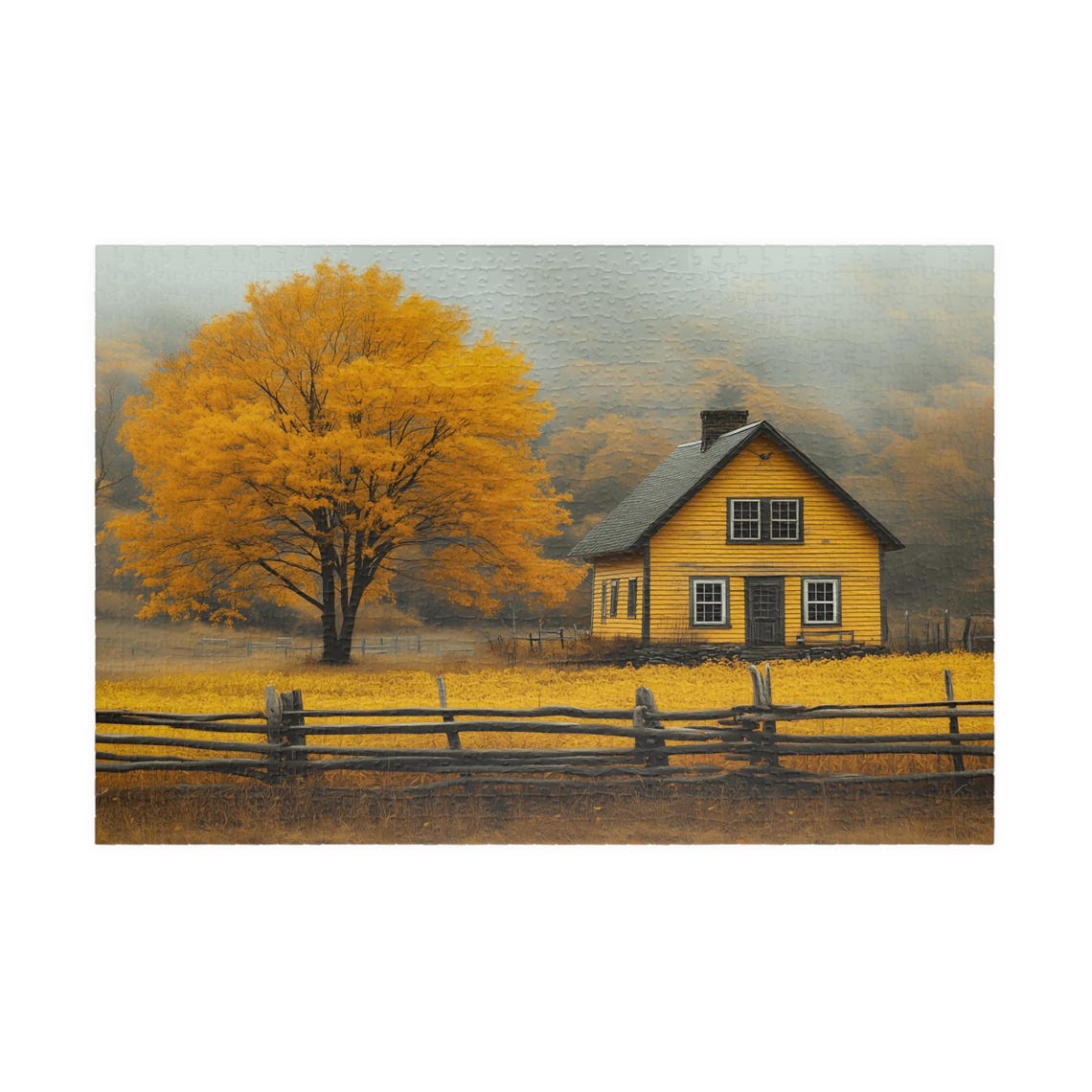Golden Yellow Country House in Fall Beside Maple Tree Autumn Poster - Image 3