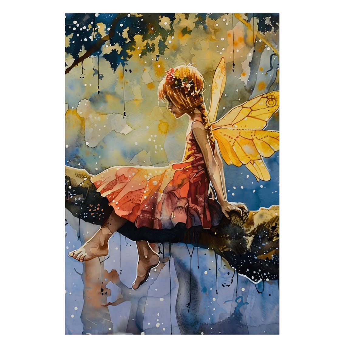 Twilight Fairy With Golden Wings Sitting On A Tree Branch Night Poster - Image 3