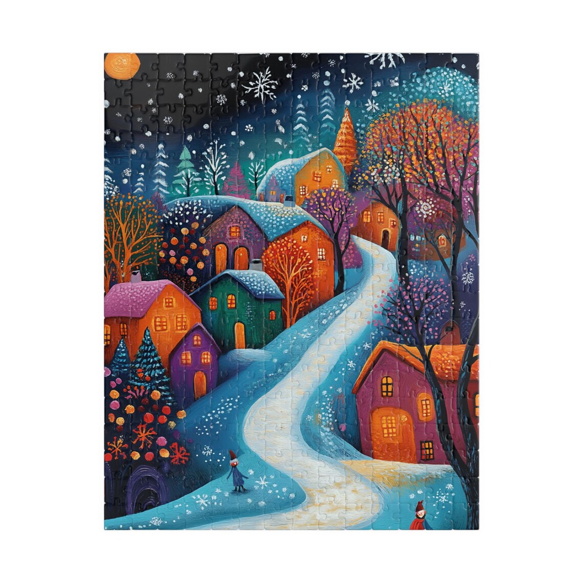 Colorful Snowy Village at Night with Glowing Windows Art Print - Image 5