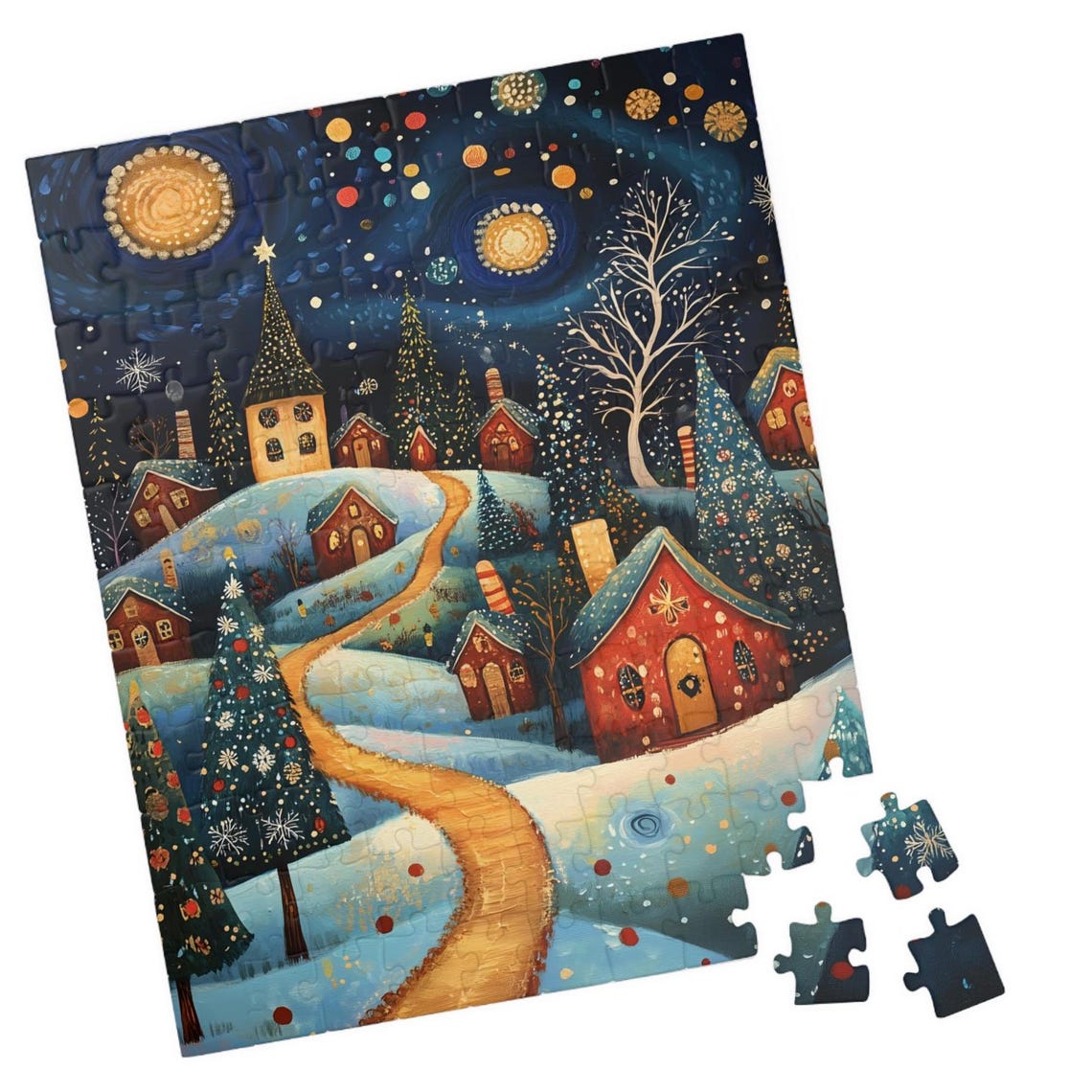 Whimsical Snowy Village at Night with Moon and Glowing Cottages Poster