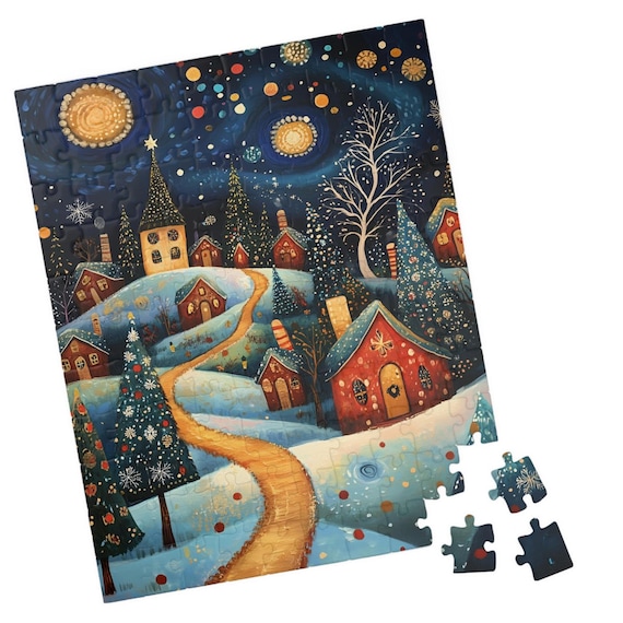 Whimsical Snowy Village at Night with Moon and Glowing Cottages Poster