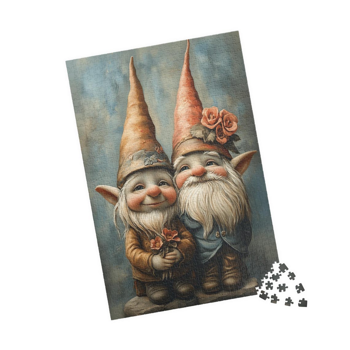 Sweet Gnome Couple Tall Pointy Hats Roses Rustic Folk Art Poster - Image 4