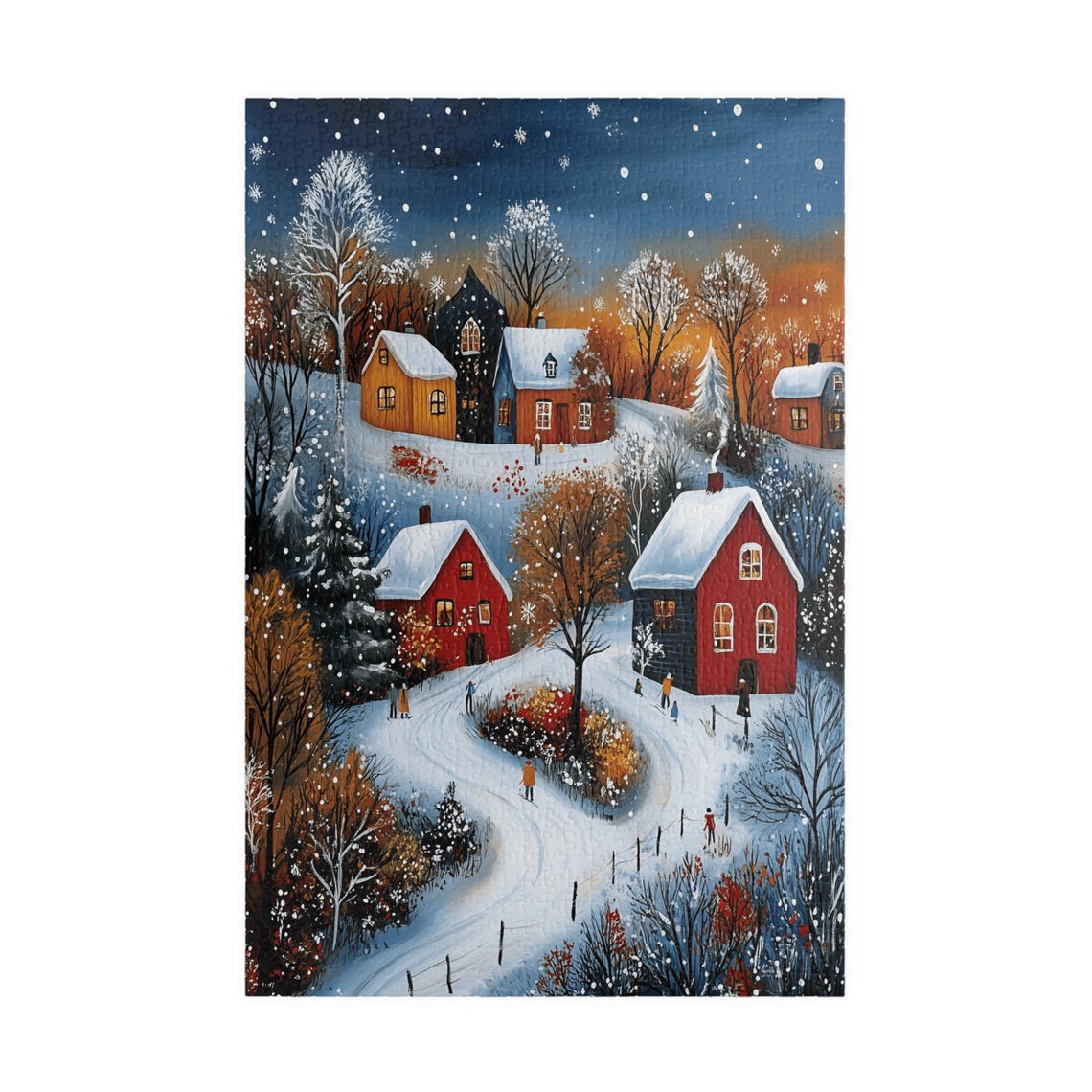 Snowy Village At Sunset With Glowing Red Cottages Art Poster - Image 3