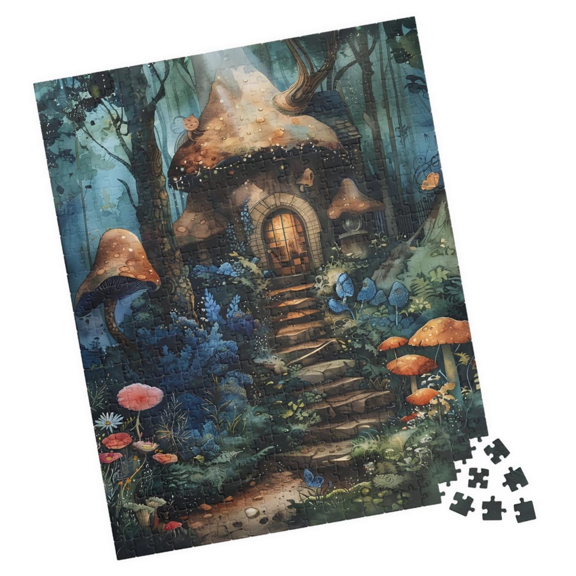 Enchanted Mushroom Cottage Forest Night Glowing Door Art Poster