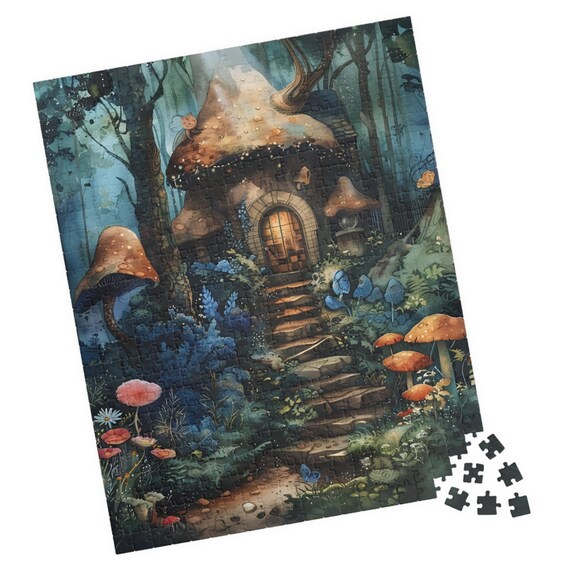 Enchanted Mushroom Cottage Forest Night Glowing Door Art Poster