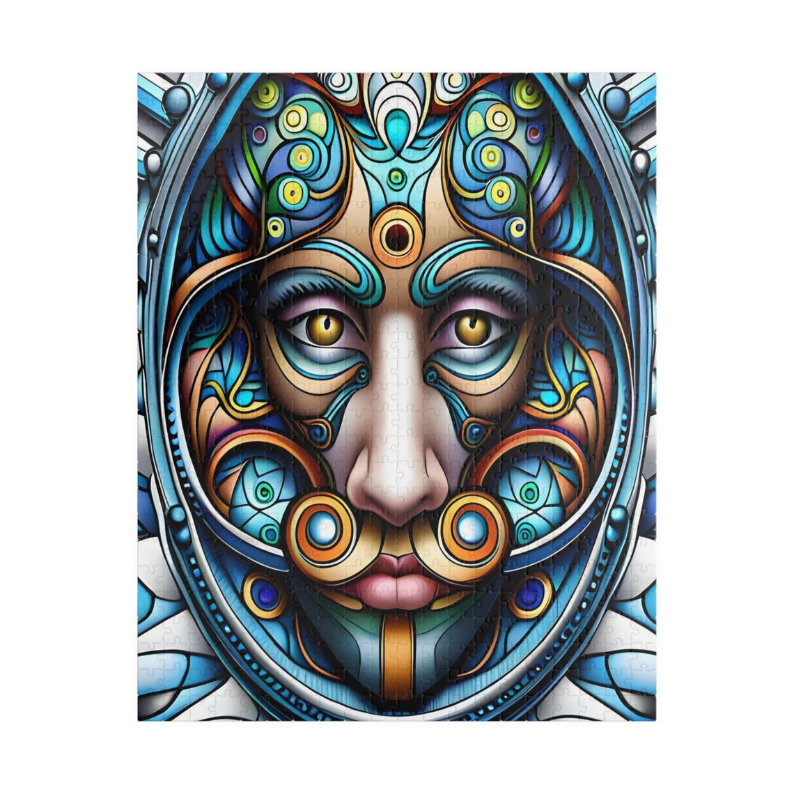 Psychedelic Woman Face with Swirling Blue and Gold Patterns Print - Image 3