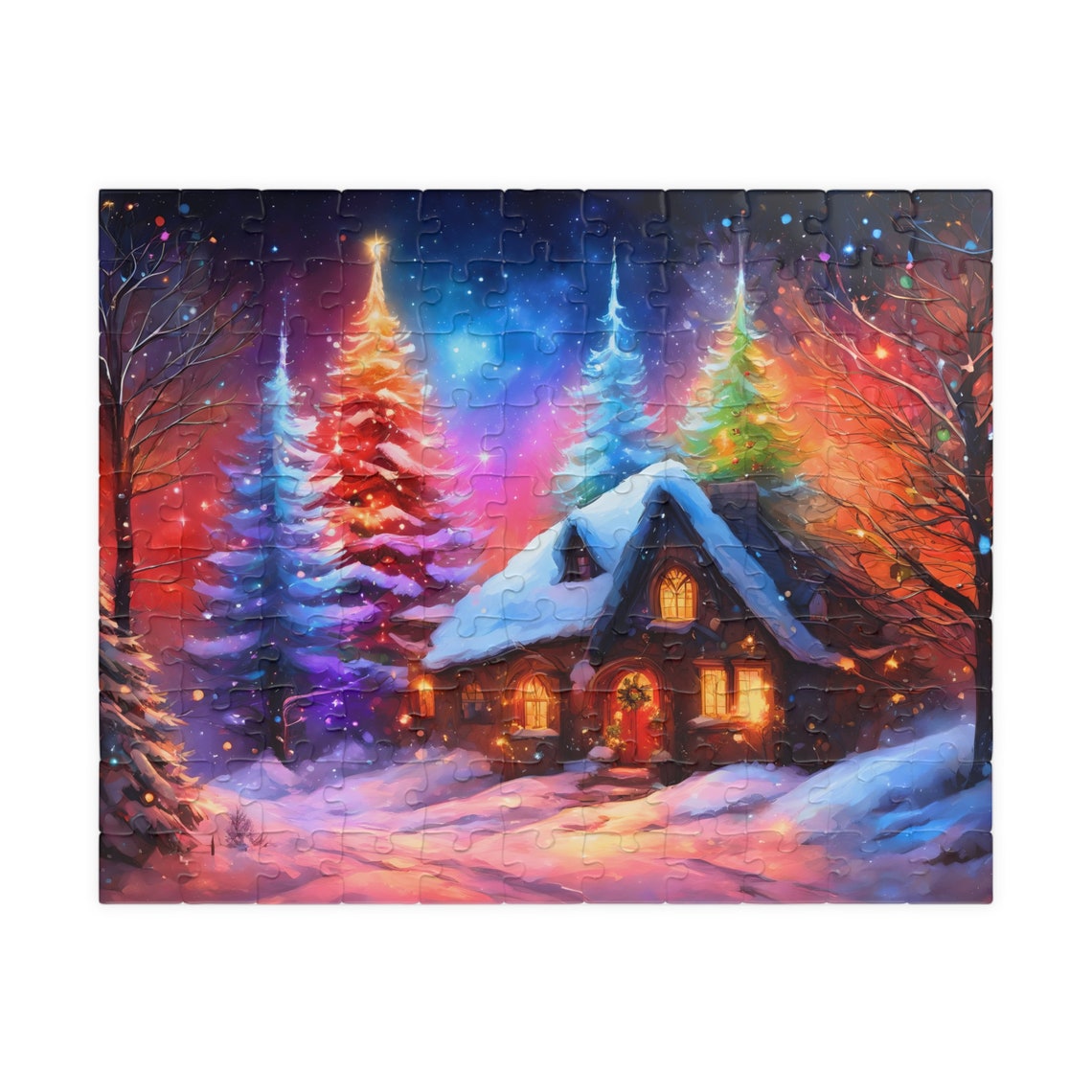 Holiday Magic Cabin Snowy Night Glowing Christmas Trees Poster - Image 5
