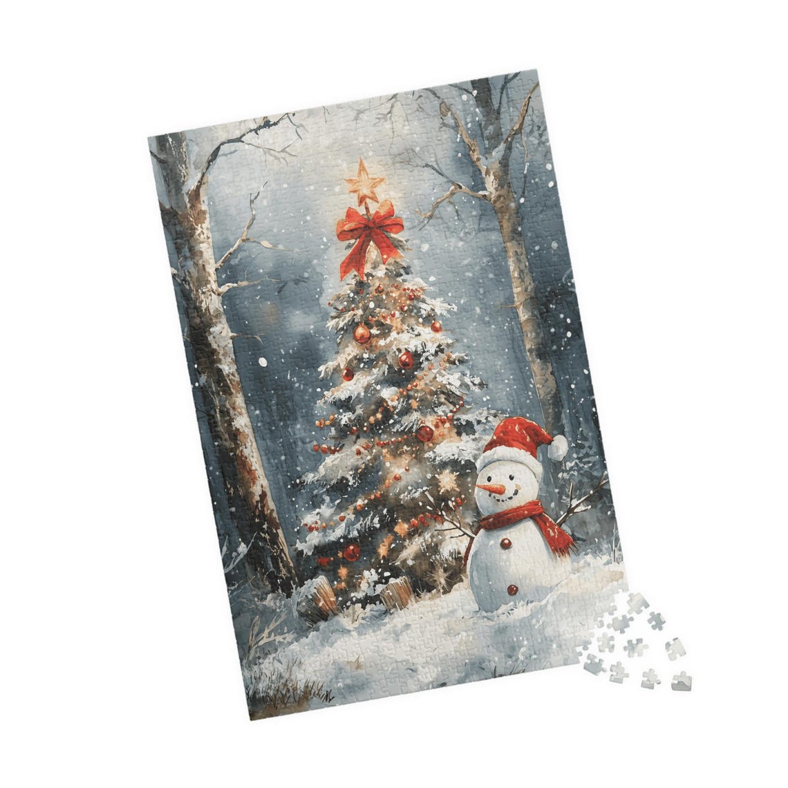 Snowman By A Christmas Tree With Star And Red Bows Winter Poster - Image 4