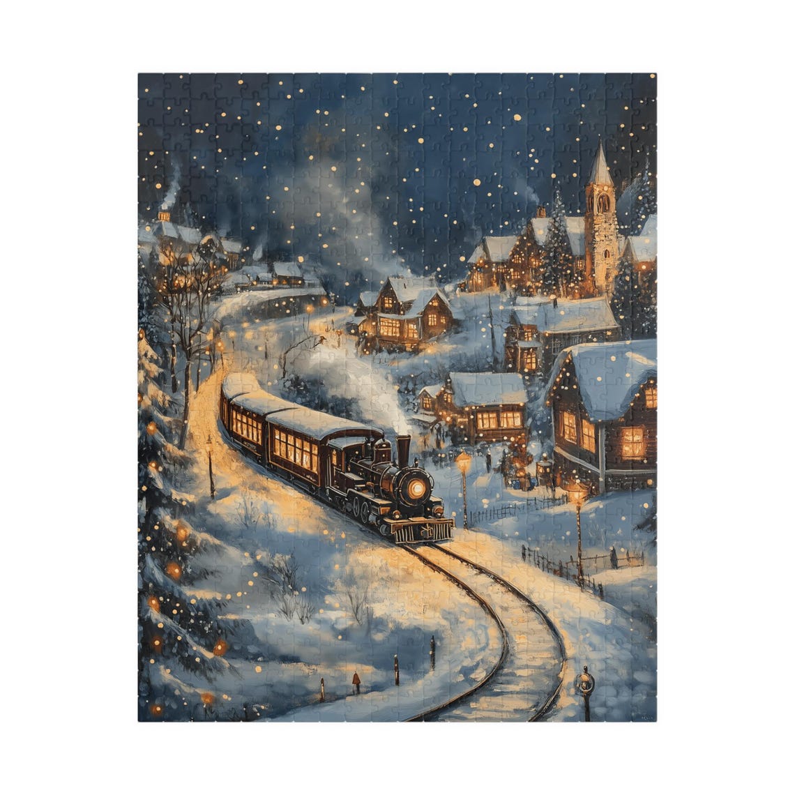 Steam Train Winding Through A Snowy Village At Night Art Poster - Image 5