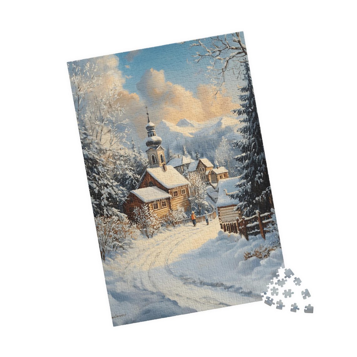 Winter Village With Wooden Church and Snowy Mountain Morning Art Poster - Image 4