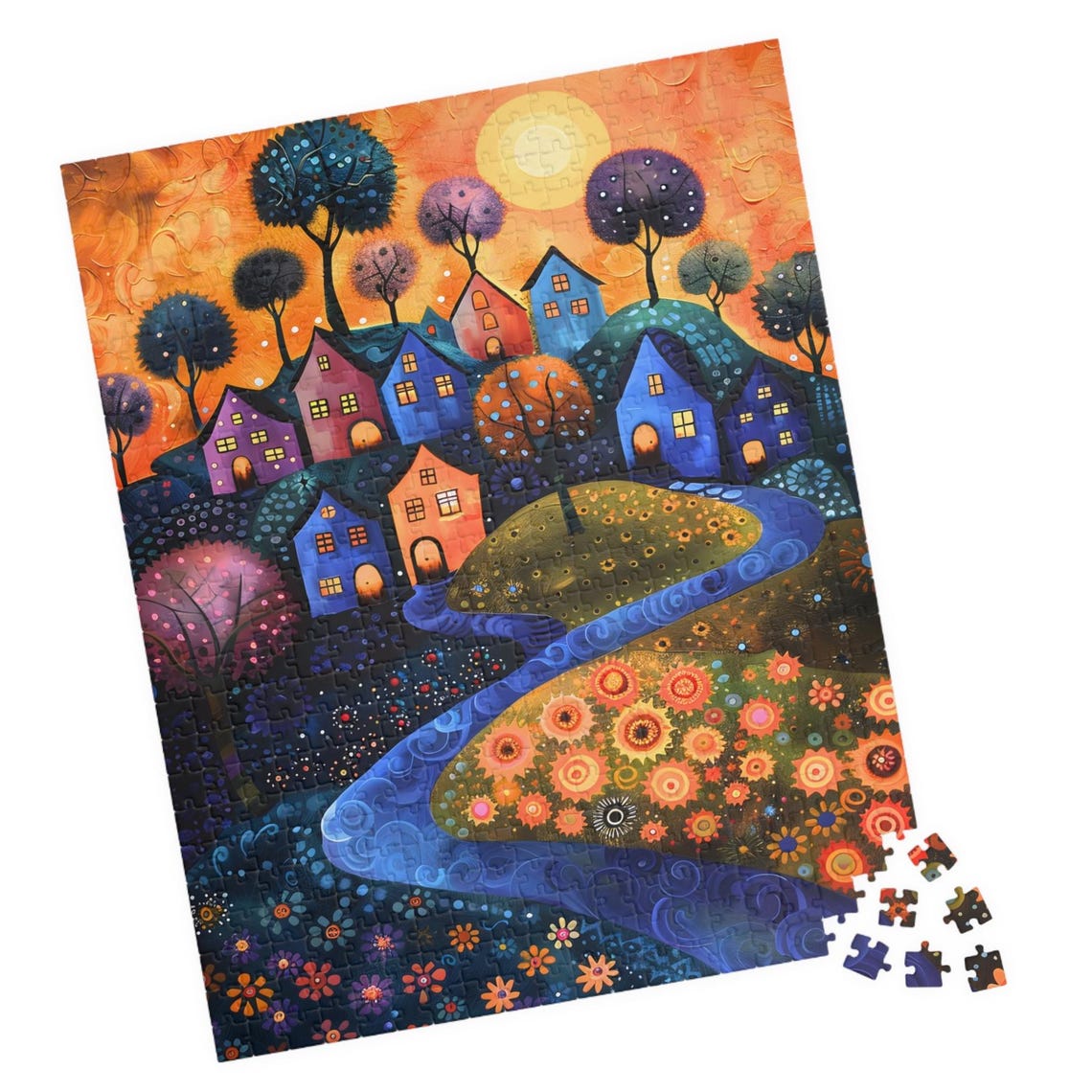 Whimsical Folk Art Village at Sunset with River and Flowers Poster