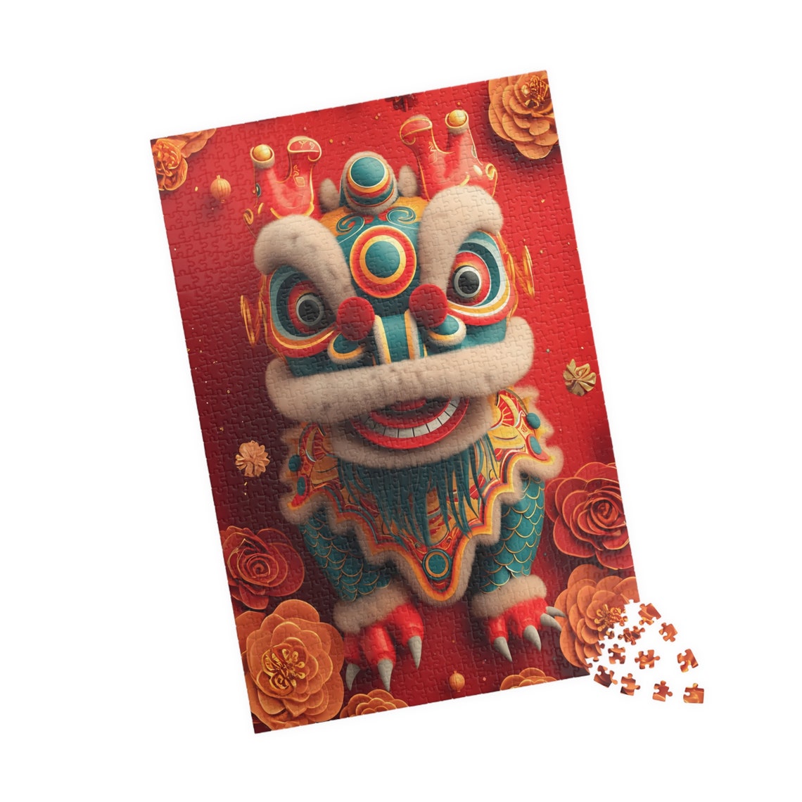 Festive Chinese Lion Dance Head on a Lucky Red Background Poster - Image 5