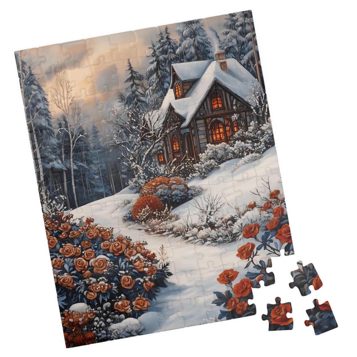 Early Snow Over Red Country Roses by Cozy Winter Cabin Poster