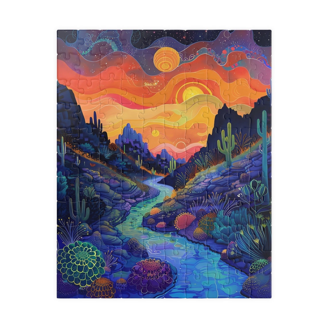 Psychedelic Desert Valley Sunset with Saguaro Cacti River Poster - Image 5