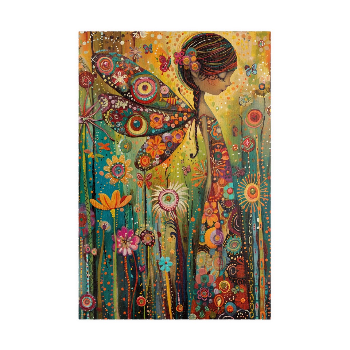 Whimsical Fairy Girl With Ornate Patterned Wings in Flower Field Poster - Image 3
