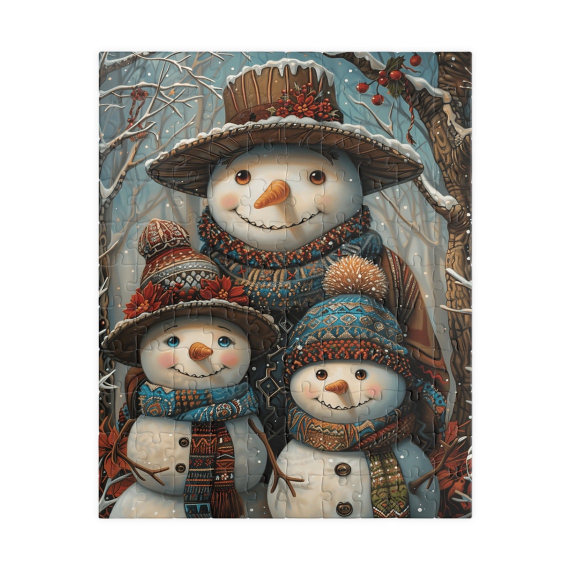 Snowdad and Two Snowkids in Cozy Knit Hats Snowing Woods Poster - Image 5